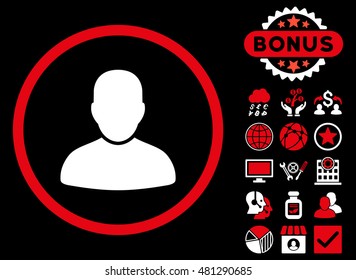 Customer icon with bonus. Vector illustration style is flat iconic bicolor symbols, red and white colors, black background.