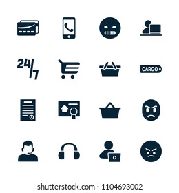 Customer icon. collection of 16 customer filled icons such as man with laptop, shopping cart, angry emot, bill of house sell. editable customer icons for web and mobile.