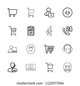 Customer icon. collection of 16 customer outline icons such as man with laptop, shopping cart, 24 hours support, angry emot. editable customer icons for web and mobile.