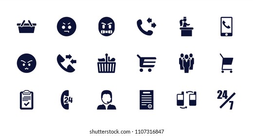 Customer icon. collection of 18 customer filled icons such as call, shopping cart, 24 hours support, angry emot, clipboard. editable customer icons for web and mobile.