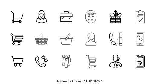 Customer icon. collection of 18 customer outline icons such as call, toolbox, shopping cart, shopping bag, clipboard, help support. editable customer icons for web and mobile.