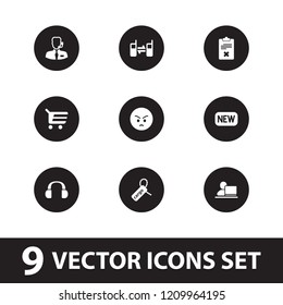 Customer icon. collection of 9 customer filled icons such as shopping cart, angry emot, cargo tag, connected phone, help support. editable customer icons for web and mobile.