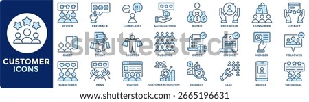 Customer icon collection set. Containing client, buyer, consumer, shopper, audience, visitor icon. Simple blue vector illustration.