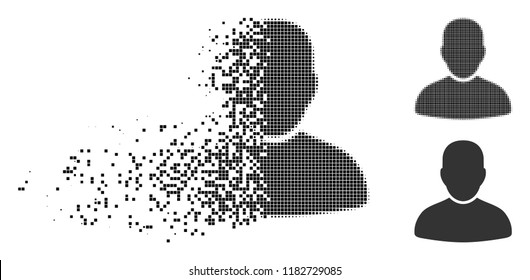 Customer icon in fragmented, dotted halftone and whole versions. Pixels are combined into vector dissipated customer icon. Disappearing effect involves rectangular dots.