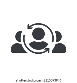 Icono de cliente. Retención del cliente, Icono de vector de cliente devuelto. Gestión de los recursos humanos. Signo de retorno. Atención administrada. Gestión de las relaciones con el cliente. Práctica de empleados. CRM