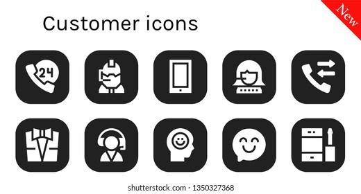 customer icon set. 10 filled customer icons.  Collection Of - 24h, Call center, Phone, Call, Suit, Customer service, Happiness, Happy