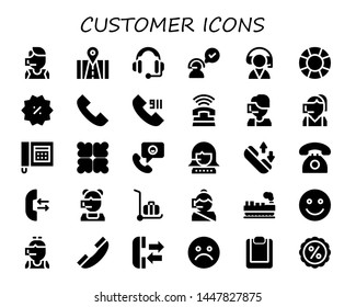 customer icon set. 30 filled customer icons.  Collection Of - Call center, Phone, Headset, Customer service, Support, Discount, Phone call, Call, Telephone, Reduce, Delivery cart
