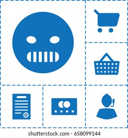 Customer icon. set of 6 customer filled icons such as credit card, angry emot, bill of house, shopping bag, support