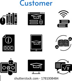 conjunto de iconos de cliente. incluye comentarios, libros, pruebas, deberes, libro, tablet, doc, login, estudiante, iconos de escritorio. estilos rellenos.