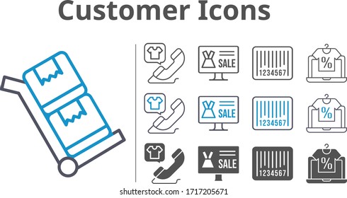 customer icon set included online shop, phone call, barcode, trolley icons