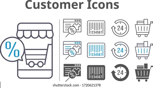 customer icon set included online shop, 24-hours, shopping cart, barcode icons