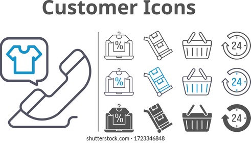 customer icon set included online shop, 24-hours, phone call, shopping-basket, shopping basket, trolley icons