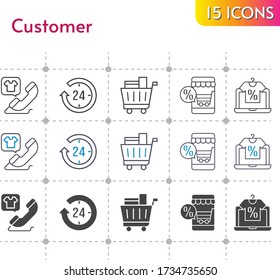 customer icon set. included online shop, 24-hours, shopping cart, phone call icons on white background. linear, bicolor, filled styles.