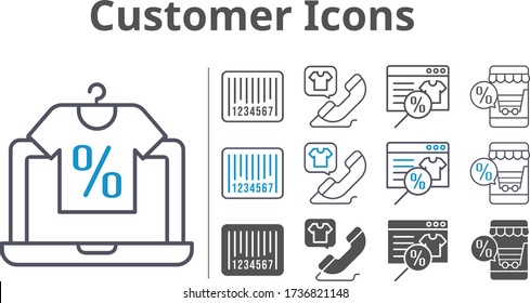 customer icon set included online shop, phone call, barcode icons