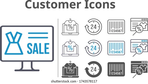 customer icon set included online shop, 24-hours, barcode icons