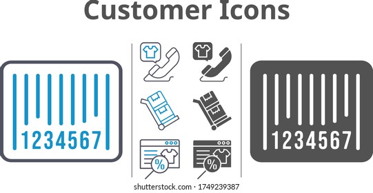 customer icon set included online shop, phone call, barcode, trolley icons