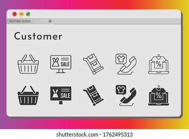customer icon set. included online shop, phone call, shopping-basket, shopping basket, trolley icons on white background. linear, filled styles.