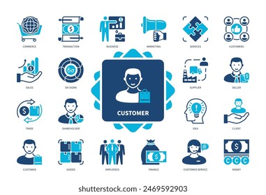 Customer icon set. Seller, Client, Marketing, Trade, Shareholder, Six Sigma, Employees, Supplier. Duotone color solid icons