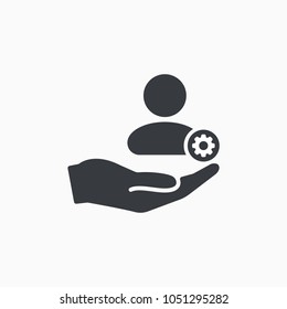 Customer icon with settings sign. Customer icon and customize, setup, preference, manage, process symbol. Customer, icon, audience, person, safety, client, consumer, process, retention, assistance, as