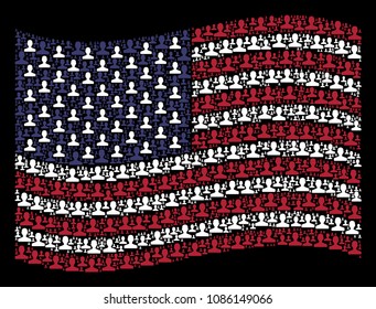 Customer icons are grouped into waving American flag abstraction on a dark background. Vector collage of American state flag is designed of customer elements.