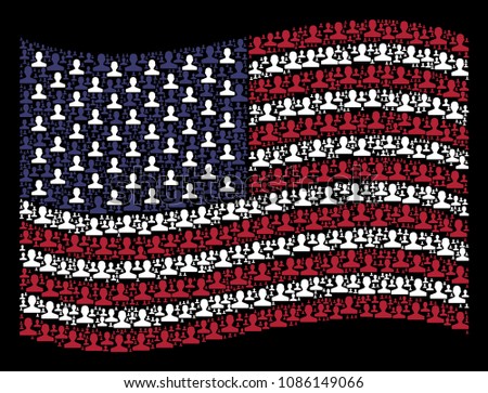 Customer icons are grouped into waving American flag abstraction on a dark background. Vector collage of American state flag is designed of customer elements.