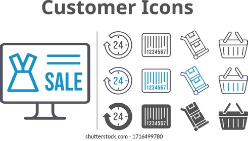 customer icons icon set included online shop, 24-hours, shopping-basket, barcode, shopping basket, trolley icons