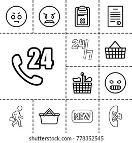 Customer icons. set of 13 editable outline customer icons such as 24 hours support, angry emot, shopping bag, clipboard, bill of house, new