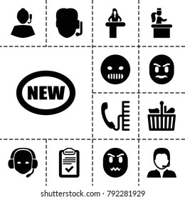 Customer icons. set of 13 editable filled customer icons such as airport desk, support, new, angry emot, shopping bag, clipboard