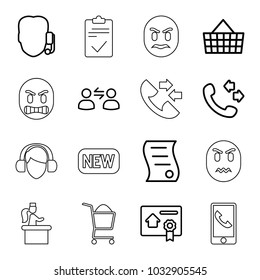 Customer icons. set of 16 editable outline customer icons such as call, support, shopping bag, bill of house sell, user communication, airport desk, shopping cart, new