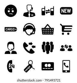 Customer icons. set of 16 editable filled customer icons such as shopping cart, angry emot, group, cargo tag, shopping bag, operator, connected phone, support, help support