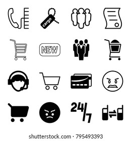 Customer icons. set of 16 editable filled and outline customer icons such as shopping cart, angry emot, cargo tag, operator, connected phone, card, group, bill of house sell