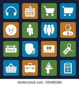 customer icons set. Set of 16 customer filled icons such as credit card, airport desk, toolbox, angry emot, cargo tag, headset, clipboard, sale tag, help support