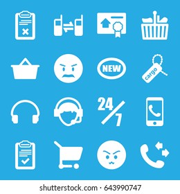 Customer icons set. set of 16 customer filled icons such as call, angry emot, cargo tag, headset, operator, connected phone, clipboard, bill of house sell, shopping cart
