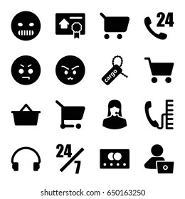 Customer icons set. set of 16 customer filled icons such as credit card, man with laptop, angry emot, cargo tag, customer support, headset, bill of house sell, shopping cart