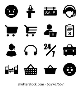 Customer icons set. set of 16 customer filled icons such as airport desk, man with laptop, toolbox, angry emot, headset, operator, connected phone, clipboard, sale tag