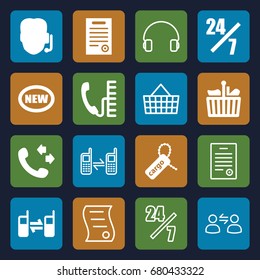 Customer icons set. set of 16 customer filled and outline icons such as call, cargo tag, connected phone, bill of house, phone, shopping bag, headset, bill of house sell