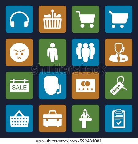 customer icons set. Set of 16 customer filled icons such as credit card, airport desk, toolbox, angry emot, cargo tag, headset, clipboard, sale tag, help support