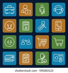 customer icons set. Set of 16 customer outline icons such as man with laptop, toolbox, cargo tag, operator, clipboard, bill of house sell, card, help support, shopping cart