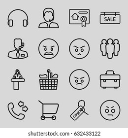 Customer icons set. set of 16 customer outline icons such as airport desk, call, toolbox, cargo tag, headset, support, sale tag, bill of house sell, help support, angry emot