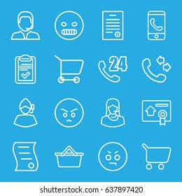 Customer icons set. set of 16 customer outline icons such as call, customer support, clipboard, support, bill of house sell, bill of house, angry emot, shopping cart