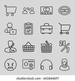 Customer icons set. set of 16 customer outline icons such as credit card, man with laptop, toolbox, customer support, headset, clipboard, bill of house sell, help support