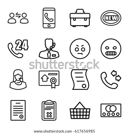 Customer icons set. set of 16 customer outline icons such as credit card, call, toolbox, customer support, clipboard, bill of house sell, bill of house, help support