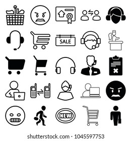 Customer icons. set of 25 editable filled and outline customer icons such as shopping cart, man with case, angry emot, help support, man with laptop, new, shopping bag