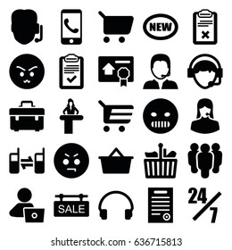 Customer icons set. set of 25 customer filled icons such as airport desk, man with laptop, toolbox, angry emot, customer support, headset, operator, connected phone, clipboard