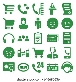 Customer icons set. set of 25 customer filled icons such as airport desk, call, angry emot, customer support, headset, operator, connected phone, clipboard, sale tag