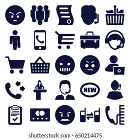 Customer icons set. set of 25 customer filled icons such as credit card, airport desk, man with laptop, call, toolbox, angry emot, operator, connected phone, clipboard