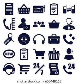 Customer icons set. set of 25 customer filled icons such as man with laptop, call, toolbox, angry emot, cargo tag, headset, operator, connected phone, clipboard
