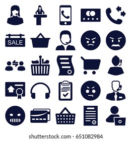 Customer icons set. set of 25 customer filled icons such as credit card, airport desk, man with laptop, call, angry emot, customer support, headset, clipboard, support
