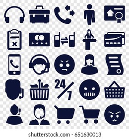 Customer icons set. set of 25 customer filled icons such as credit card, airport desk, call, toolbox, angry emot, customer support, headset, operator, connected phone
