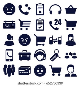 Customer icons set. set of 25 customer filled icons such as call, toolbox, angry emot, cargo tag, customer support, headset, operator, connected phone, clipboard, support